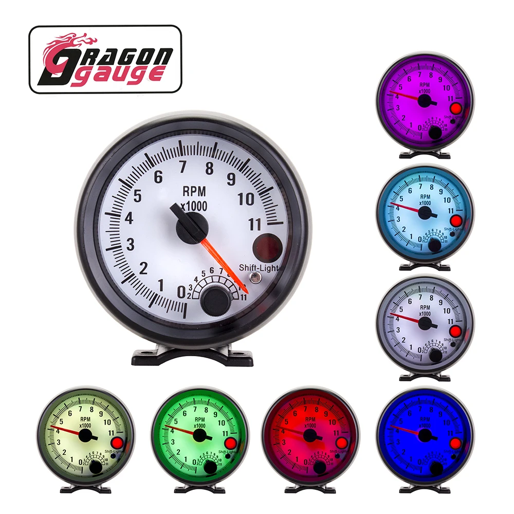 DRAGON GAUGE 3.75 Inch 95MM Car Tachometer RPM Meter 0~11000 RPM 7 Color Lights With Gauge Rack for 1~8 Cylinder 12V Car