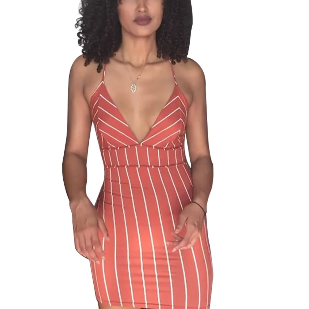 

Women's Sexy V-Neck Striped Halter Summer Evening Dress