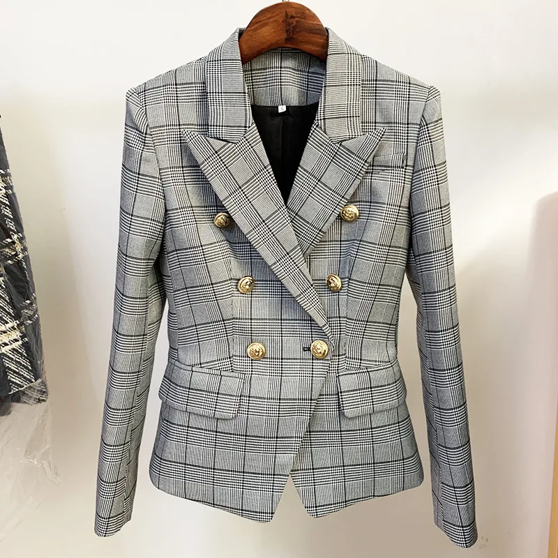 2021 New Women Fashion British Style Slim-Fit Plaid Suit Double Breasted Metal Lion Button Short Jacket Office Lady Blazer Y1294