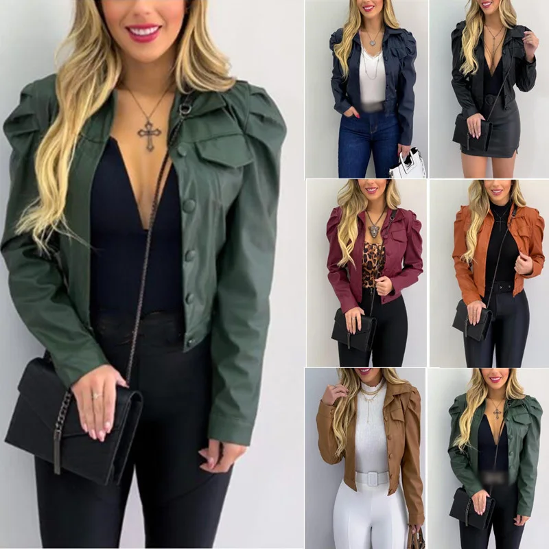 

Autumn PU Leather Pleated Women Short Jacket Long Sleeve Turn- Down Collar Single Breasted Female Jackets Solid Casual Lady Coat