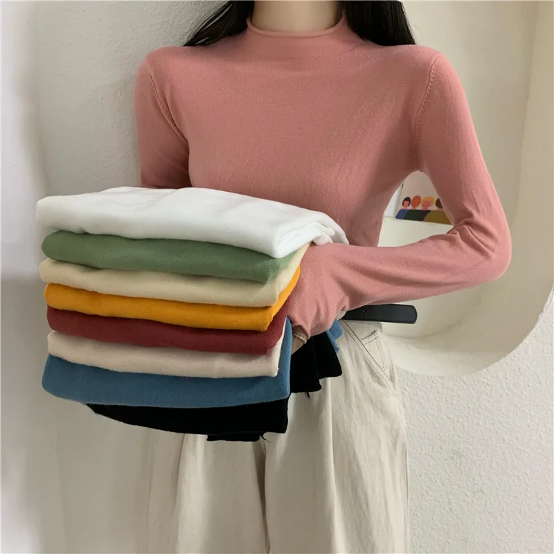 

Korean Elegant Mock Neck Slim Sweaters Women Spring Autumn Solid Color Elastic Knitted Basic Tops Female Casual Pullover Clothes
