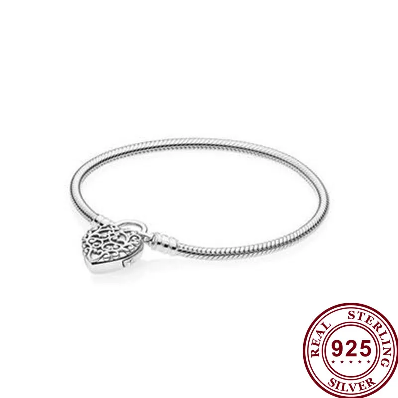 

100% 925 брелок Silver Pan Bracelet Shiny Heart-shaped Texture Chain Pan Bracelet Fit European Charm Bracelets Women Jewelry