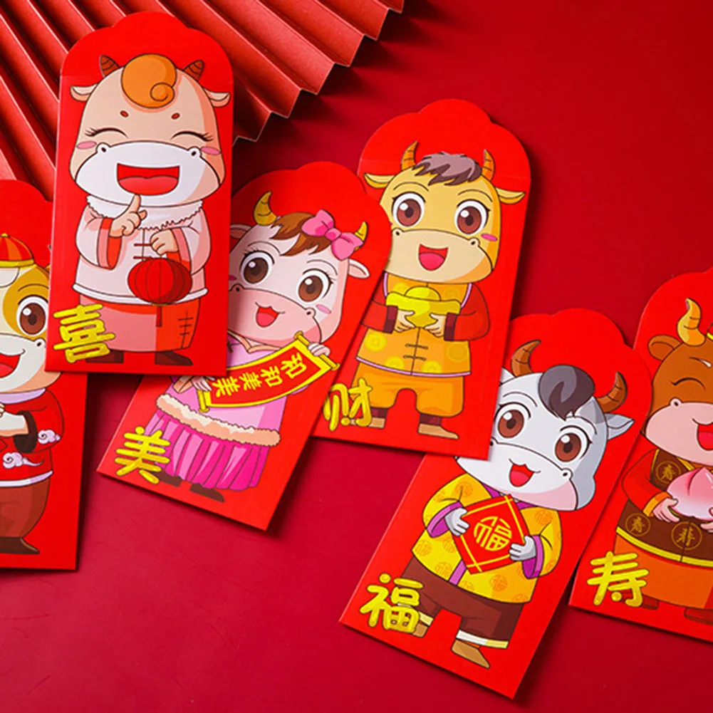 

6Pcs Red Envelopes Lucky Pockets 2021 Chinese New Year Hongbao Year Of The Ox For Spring Festival Wedding Souvenirs For New Year