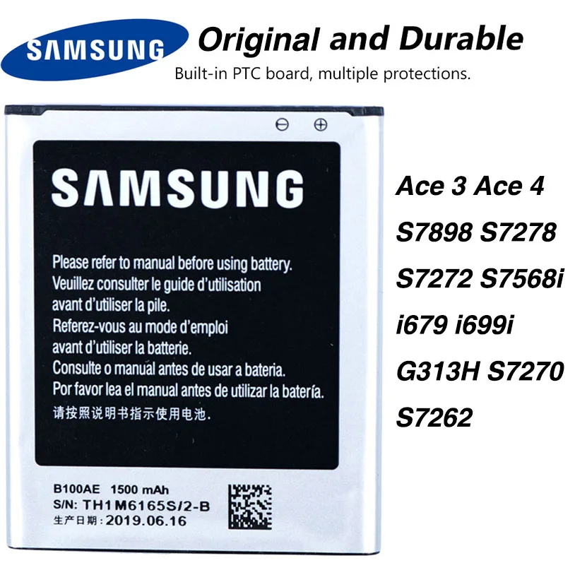 Оригинальный аккумулятор Samsung B100AE для SAMSUNG Galaxy Ace 3 4 S7898 S7278 S7272 S7568i i679 i699i G313H S7270 S7262