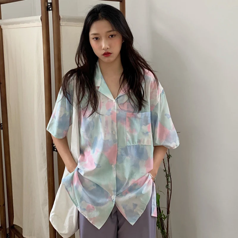 

Korean Ins Summer Simple Anti-Aging Colorful Blooming Short-Sleeved Shirt for Women Western Style All-Matching Loose Long Sleeve