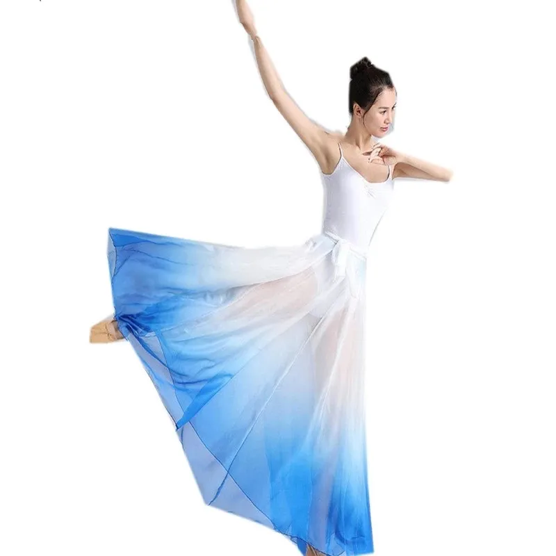 

Chinese Ethnic Classical Modern Dance Tencel Training Skirt Gradient Elegant Performance Swing Skirt Wrap Design White Blue