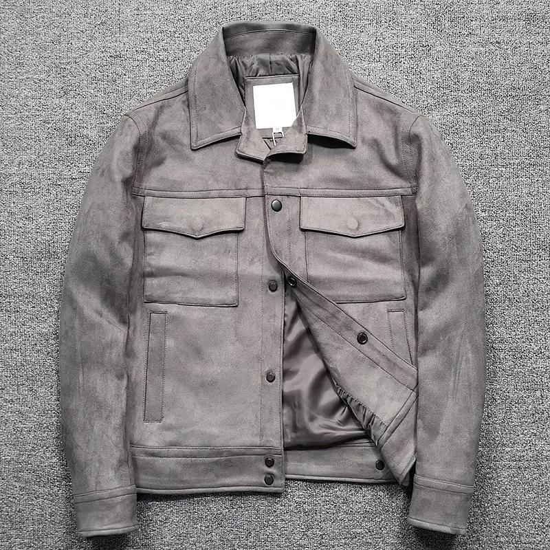

Suede Jacket Men Vintage Lapel Single-Breasted Multi-Pockets Short Coat Spring Autumn Slim Fit Fashion Casual Male Outerwear