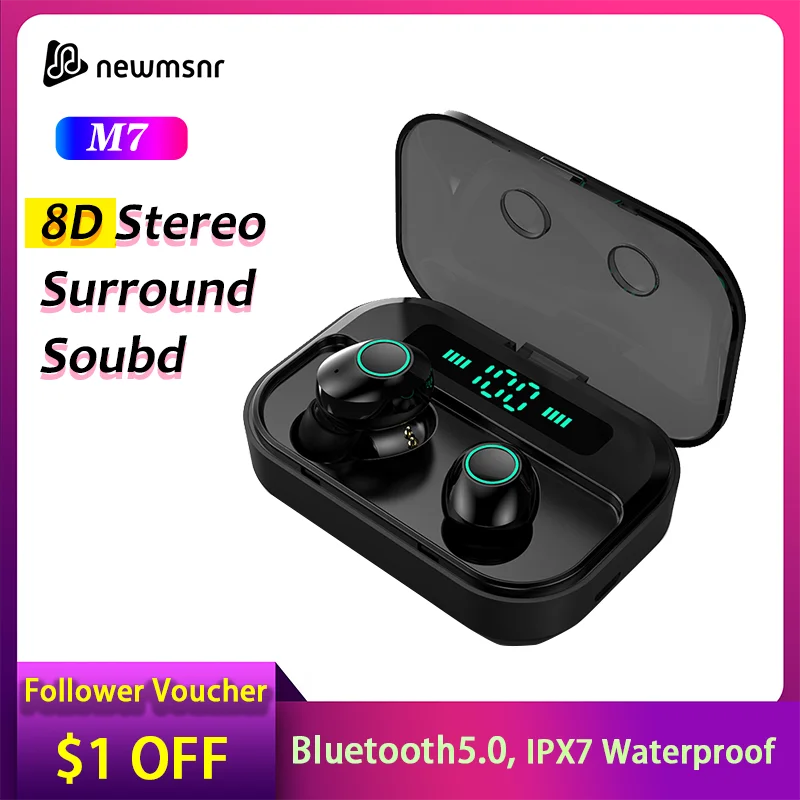 Newmsnr M7 Bluetooth 5,0 беспроводной светодиодный дисплей питания наушники, HD стерео HIFI Звук шумоподавление коснитесь управление - Цвет: black