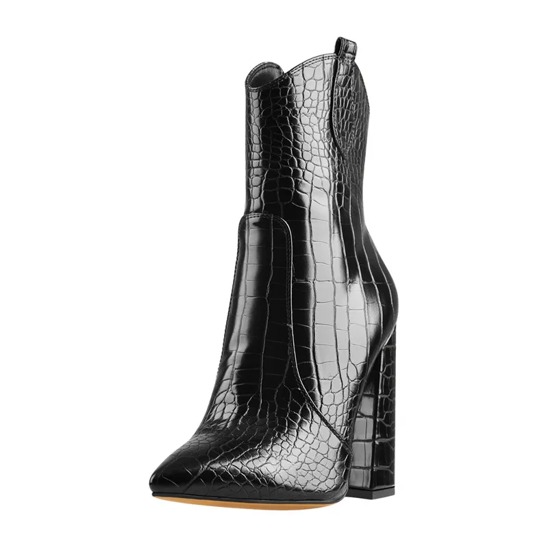 Richealnana/женские черные ботильоны с острым носком и каменным узором модные на