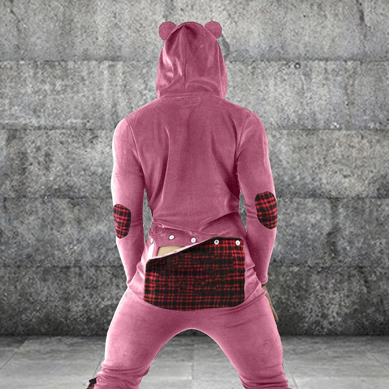 

Casual Long Sleeve Bear Hooded Man Sleepwear Rompers 2021 Spring Plaid Press Button Men's Pajamas Jumpsuits Autumn Male Homewear