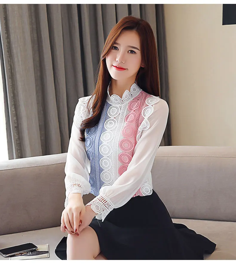Korean Fashion Chiffon Women Blouses Lace Polka Dot White Shirts Plus Size XXL Blusas Femininas Elegante Ladies Tops |