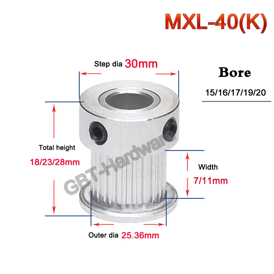 

1Pcs MXL 40 Tooth Trapezoidal Convex Synchronous Wheel Width 7/11mm Hole 15 16 17 19 20mm K-Type Gear Aluminum