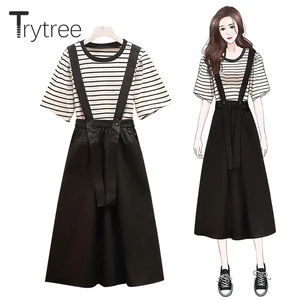 Летний женский комплект из двух предметов Trytree 2020, повседневный полосатый топ с круглым вырезом и юбка на бретелях, офисный женский костюм с эластичной талией, комплект из 2 предметов