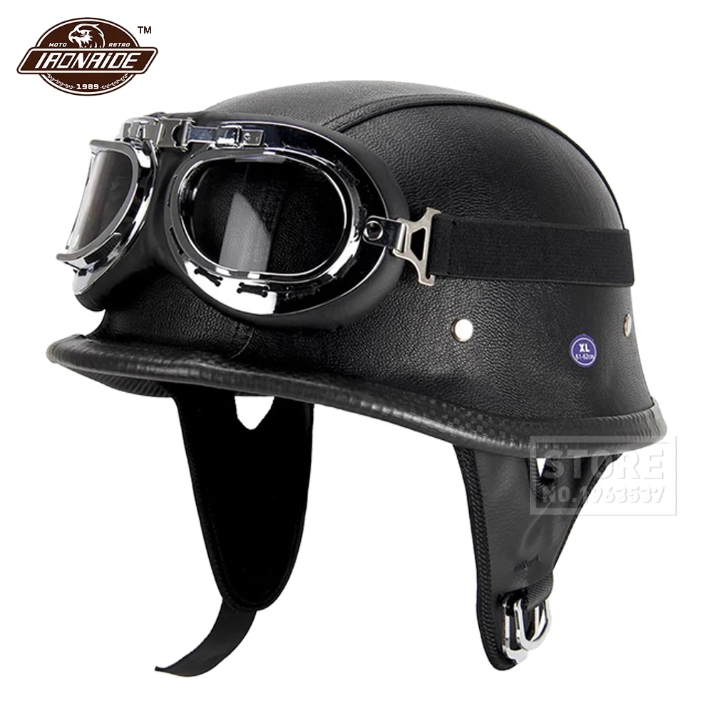 

Новый кожаный мотоциклетный шлем, немецкий мотоциклетный шлем с открытым лицом, велосипедный шлем Чоппер, черный пилот в горошек