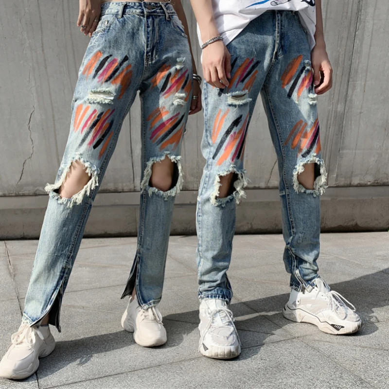 

2020 Fall Streetwear Hole Ripped Jeans For Women Harajuku Fashion Denim High Waist Washed Graffiti Print Trousers Casual Pants