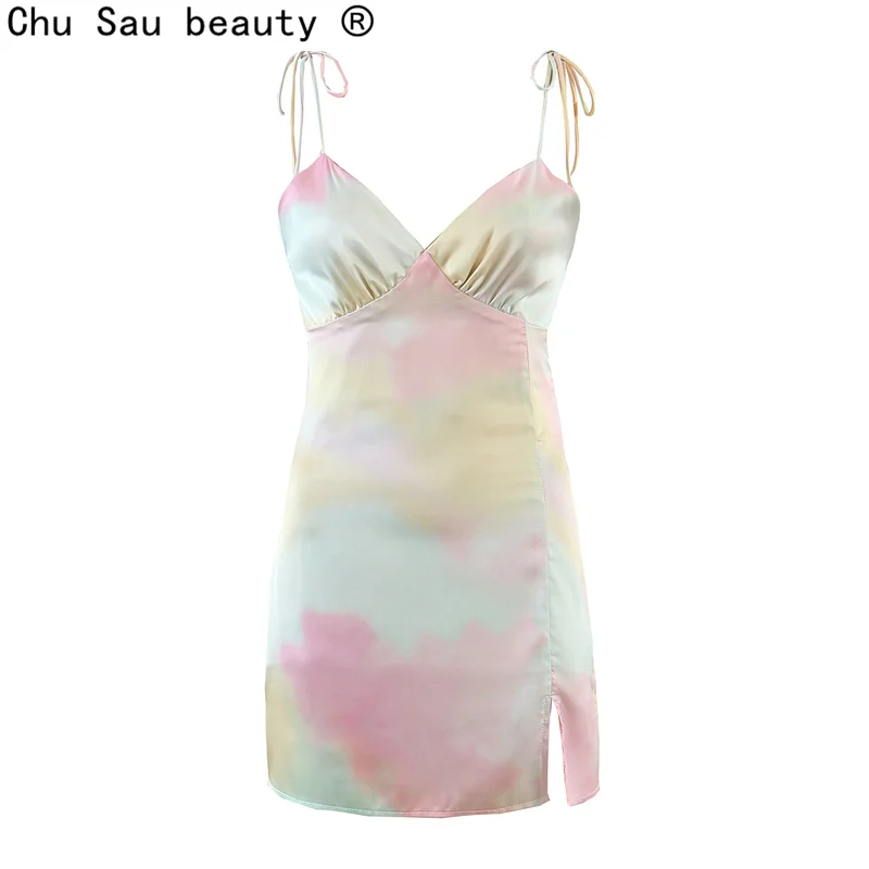 

2021 Spring New Vintage Cute Slim Color Tie Dye V-Neck Backless Bag Hip Strap Mini Dresses For Women