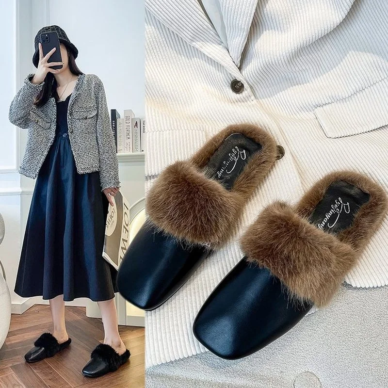 

2021 winter new Korean style square scalp face hairy flat-heeled slippers low-heeled half-drag fashionable hairy women's shoes