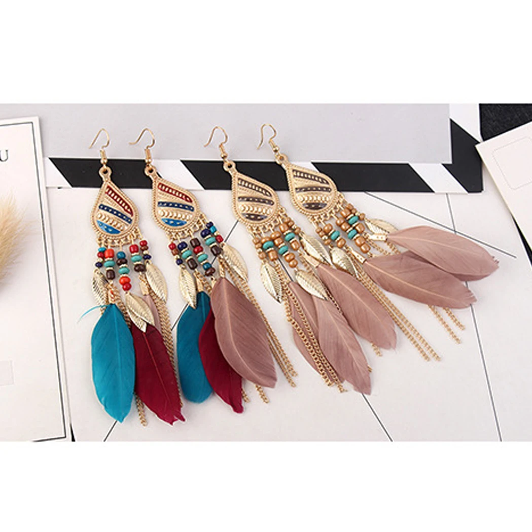 Яркие винтажные богемные серьги в форме капли воды с перьями сказочные индийские