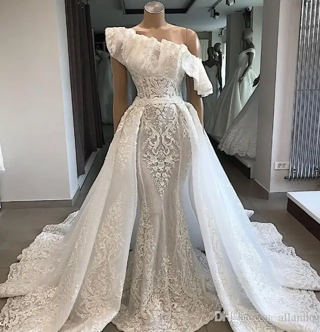 Luxury Dubai Mermaid Wedding Dresses With Detachable Skirt One Shoulder Vestidos De Novia Sexy Lace Appliqued Wedding Gowns