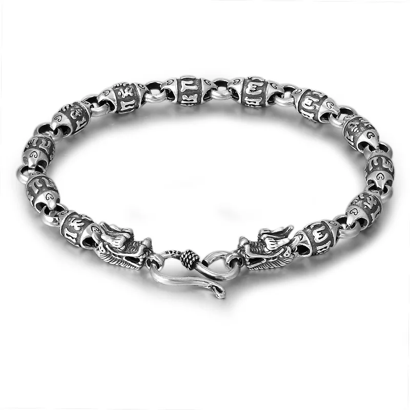 925 Sterling Silver Genuine 925 Sterling Silver Jewelry Personality Six-Word Mantra Barrel Beads Silver Men Bracelet Retro Silver Jewelry - Цвет камня: 925 Sterling Silver