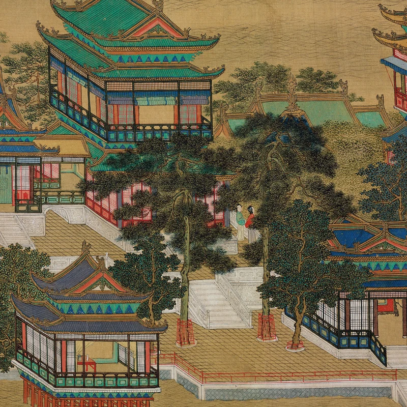 Qiu Ying в династии Мин реки Китая на фестивале Qingming древние иероглифы