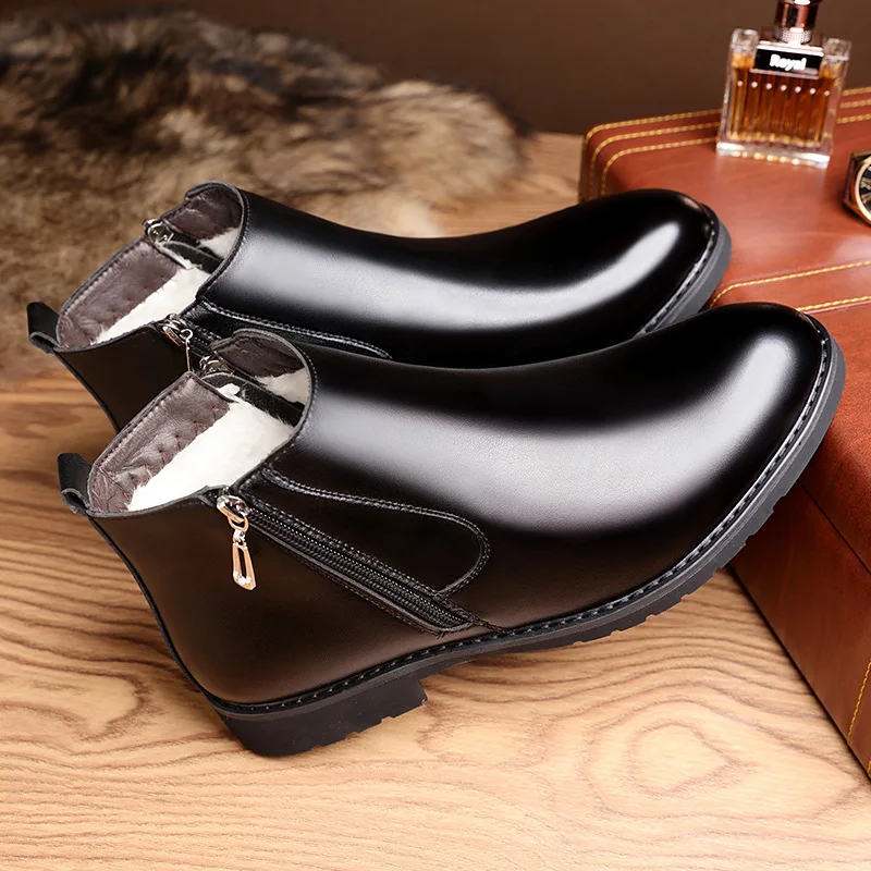 

Winter Shoes Plush Warm Men Snow Boots High Quality Genuine Leather Male Dress Shoes Fashion Zipper Men Ankle Boots Botas Hombre