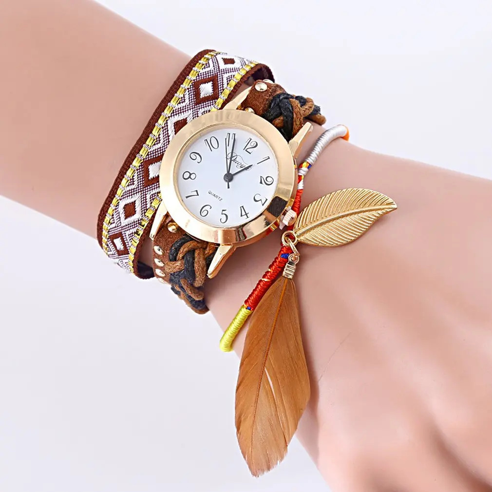 

Ethnic Wind Feather Golden Leaf Hanging Hand Chain watch Lady Quartz Watch Fashion Leather Women Casual Wrist Watch HOT SALE