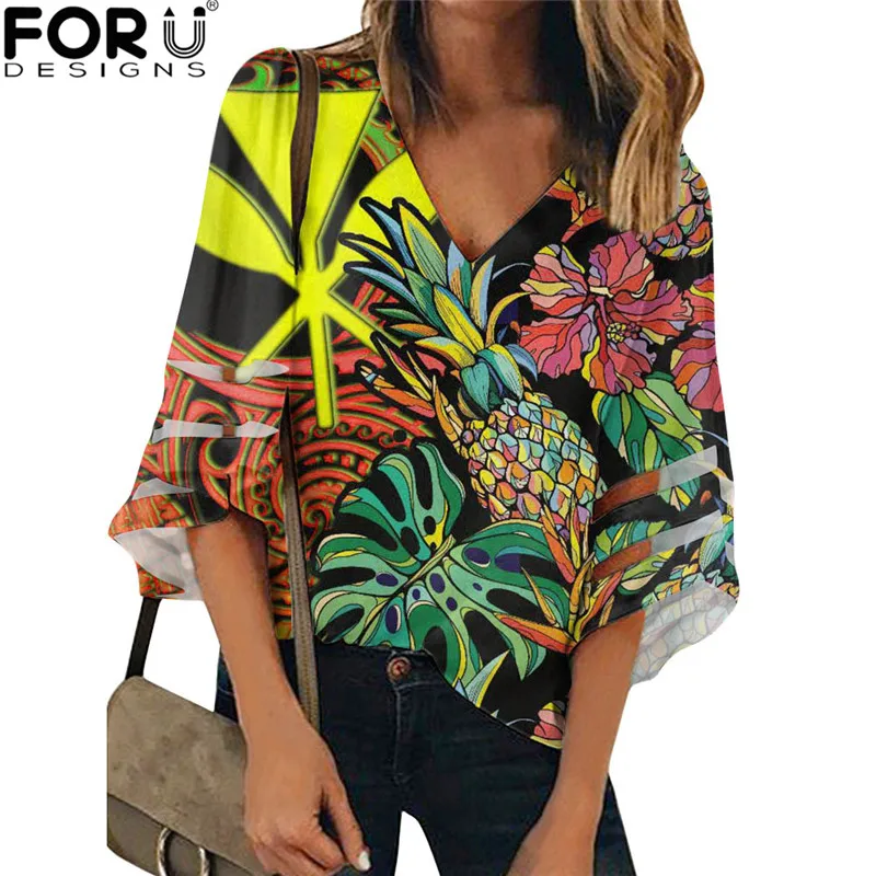 

FORUDESIGNS Summer Sexy Shirt for Women Hawaii Polynesian Pineapple Hibiscus Print V-Neck Half Sleeve Fashion Soft Blusas Tops