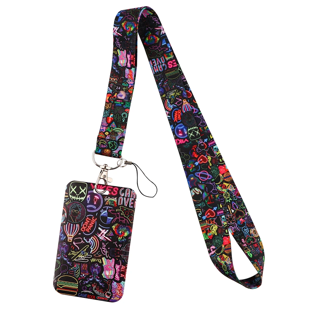 

CB1208 Neon Lights Lanyard with Card Cover Holder Cartoon Neck Strap Cell Phone Rope Keychain Phone Accessories Christmas Gift