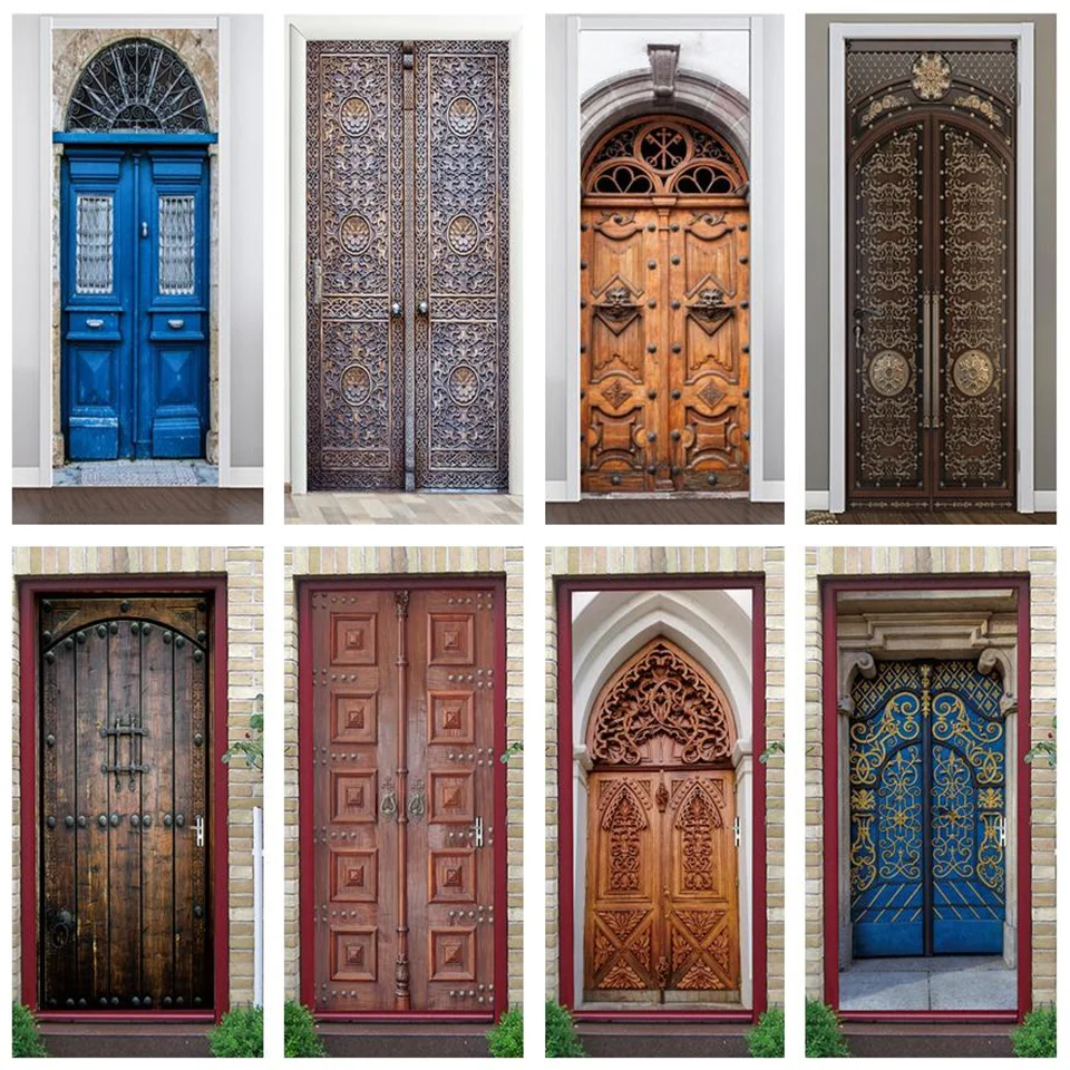 

3D Retro Wooden Door Sticker Bedroom Home Decoration Wallpaper European Style Self Adhesive Wall Decal Vinyl Poster Deurstickers