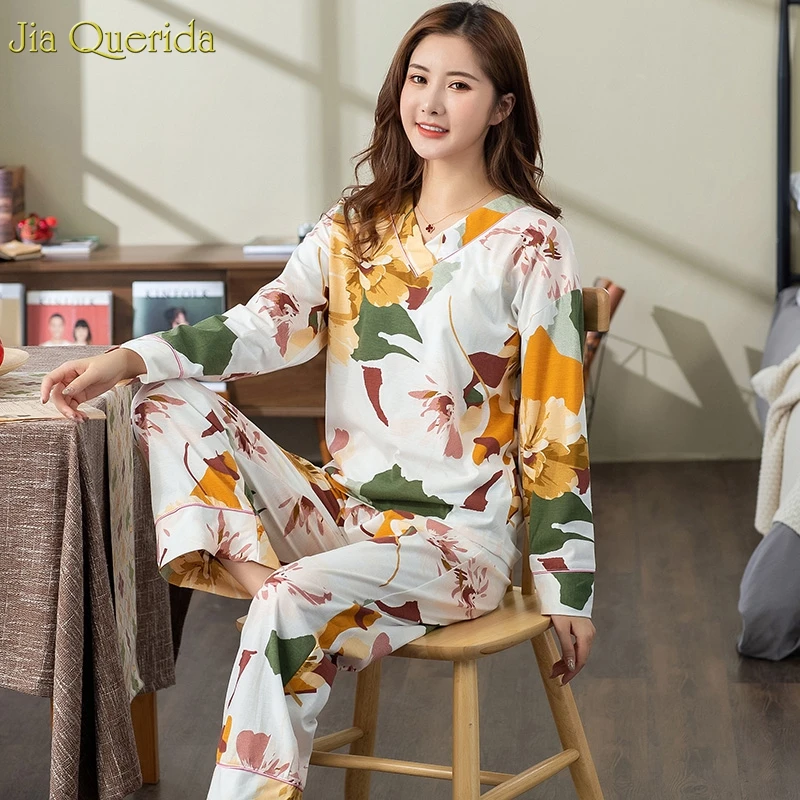 Новинка женские пижамы плюс размер белый цветочный принт v-образный ворот модное
