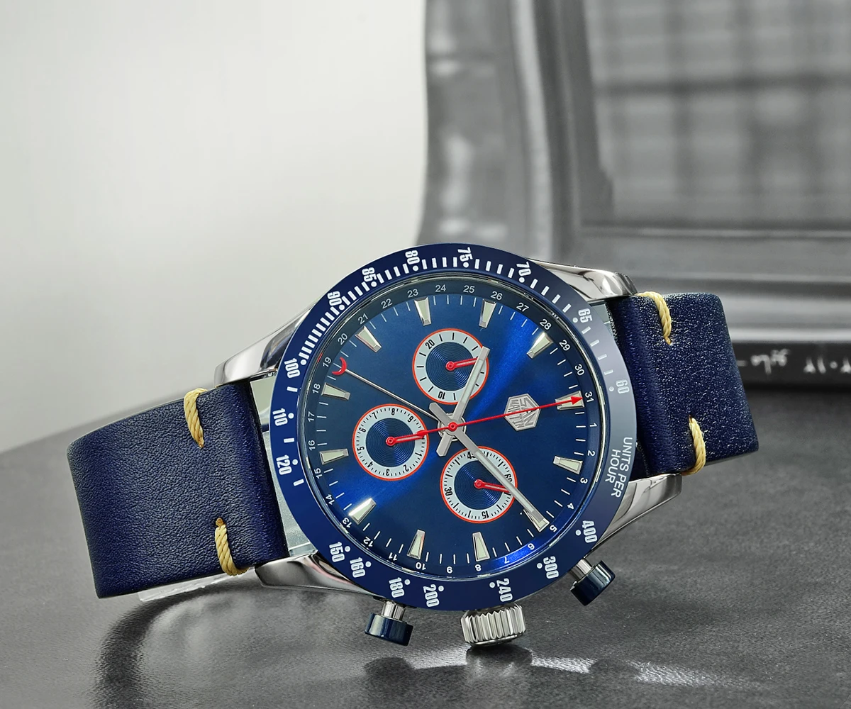 Lugyou San Martin Quartz Watch Men Chronograph Timepiece Sun ray Metal Band Sub Dials Pusher Sapphire 100m Water Resistant Glow