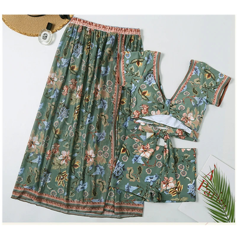 Женский зеленый купальник-тройка STAERK комплект бикини с юбкой пуш-апом из 3