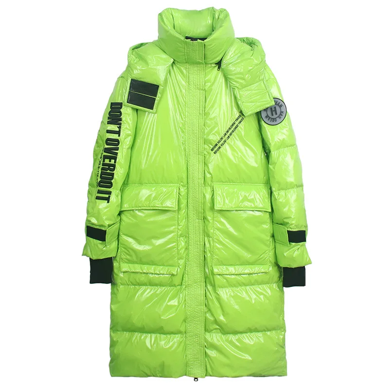 Женский пуховик средней длины блестящая Свободная куртка на белом утином пуху с