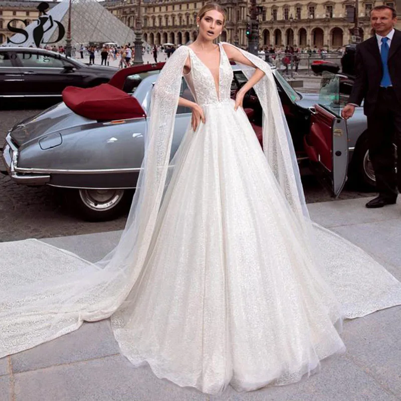 

SoDigne Vintage Princess Wedding Dress 2021 V Neck Backless Sequin Beach Bridal Dress With Detachable Train Glitter Wedding Gown