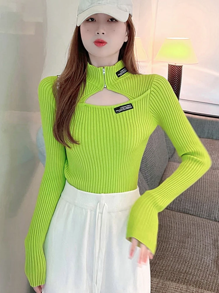 

KBAT 2022 Knitted Women Short Sweater Hollow Out High Neck Pullovers Turtleneck Autumn Basic Women Sweaters Fit Black Pull Femme