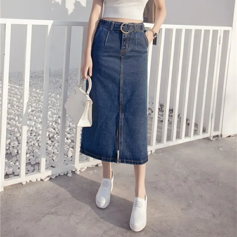 

summer women clothing denim fabric washed skirts s-3xl size mid-calf length high waist split women skirts cowboy solid color