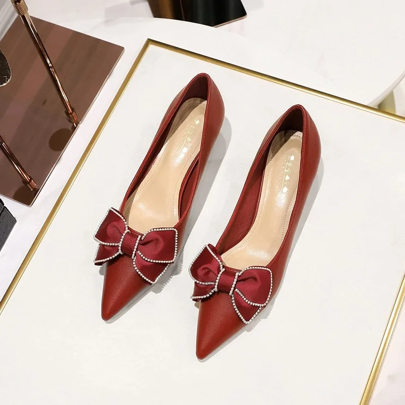 

2022 HOT Women Shoes Pointed Toe Pumps Cute Bow High Heels 4cm Boat Shoes Wedding Shoes Zapatos Mujer Black Green Red