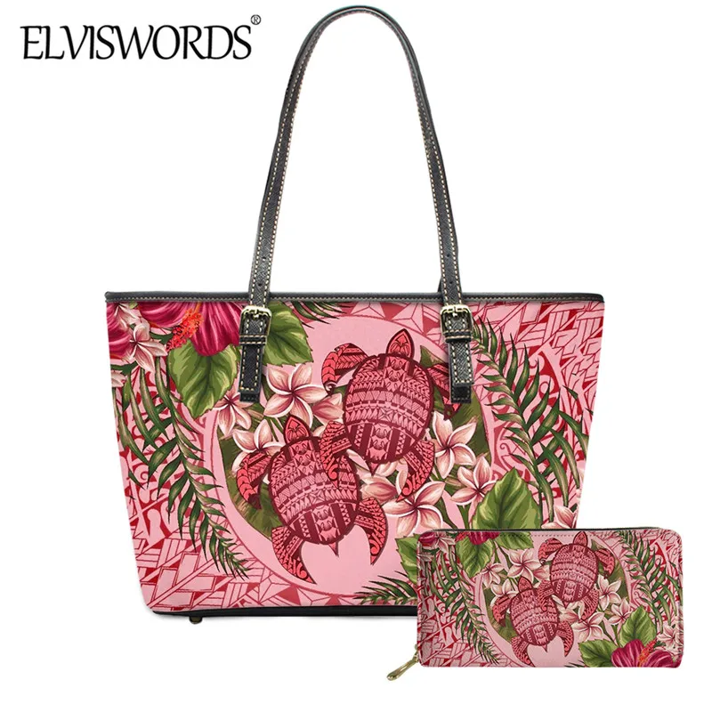 

ELVISWORDS Женская Повседневная сумка через плечо Гавайская черепаха с плюмерным принтом, прочная кожаная сумка-тоут и длинный кошелек класса л...