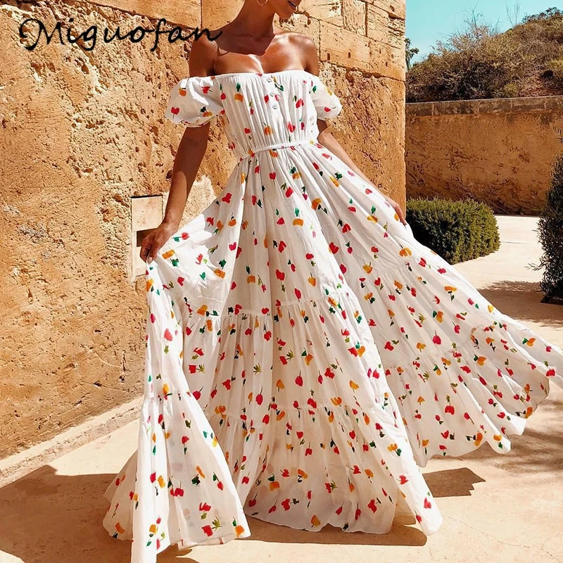 Женское платье с открытыми плечами Miguofan длинное макси в стиле бохо цветочным