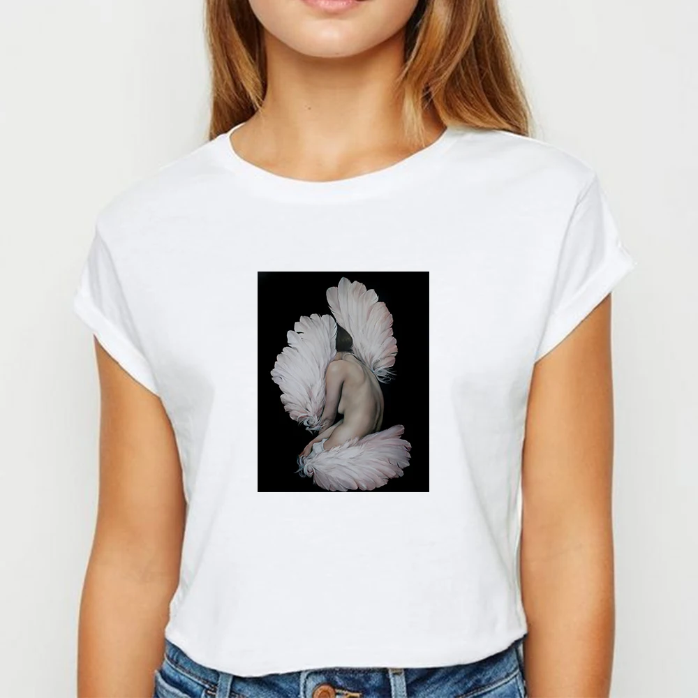 Крыло с перьями для девочек в цветочек футболка Одежда женщин vestidos Футболка