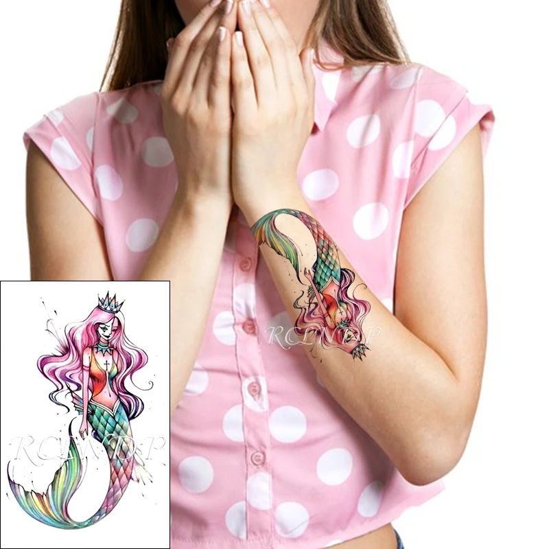 Sexy Mermaid Long Hair Girl With Crown Cross Fake Tattoo Flash Tattoo For Women Men