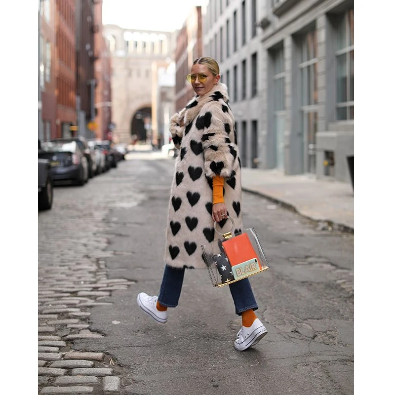 TOPFUR New Fashion Mink Peach Heart Pattern Long Coat With lapel  Long Sleeve Winter Warm For Women Luxury Coat