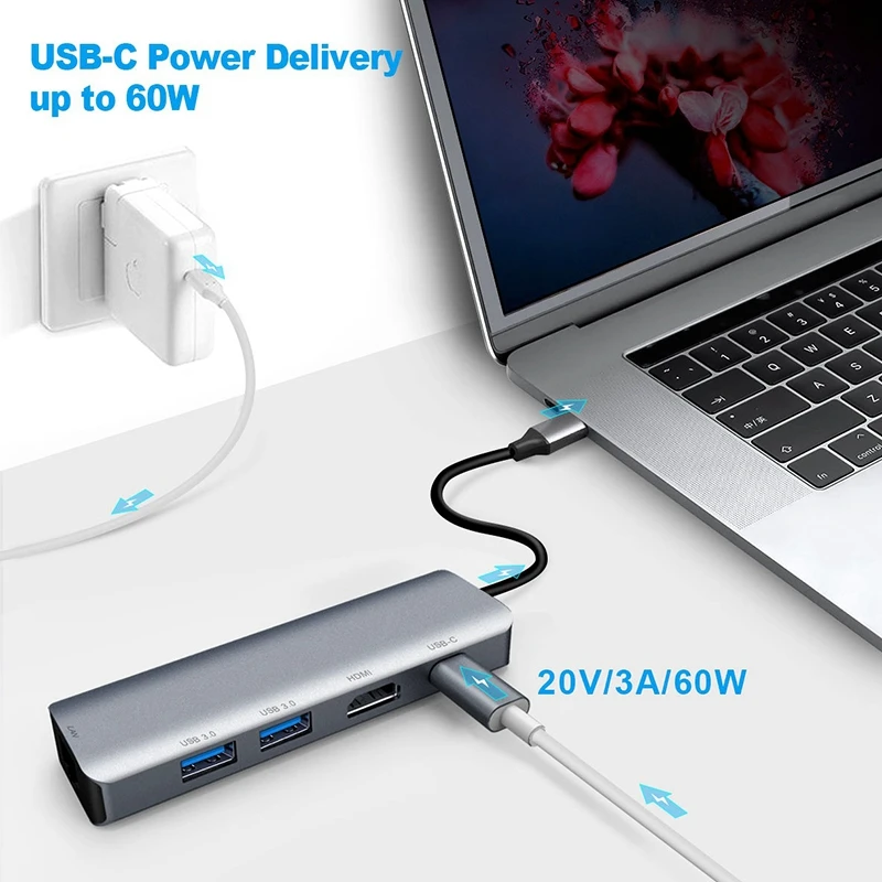 

5 in 1 USB-C Hub Multi USB 3.0 HUB HDMI RJ45 Adapter Docking Station PD Charging Type C HUB for Pro