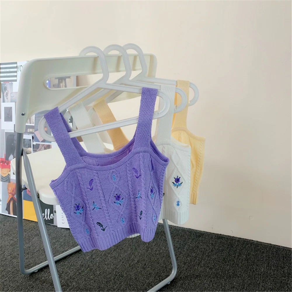 

Summer Women Flower Embroidery Knitted Crop Tops Elastic Camisoles Sexy Streetwear Tube Tops Women's Crop Vest Tops