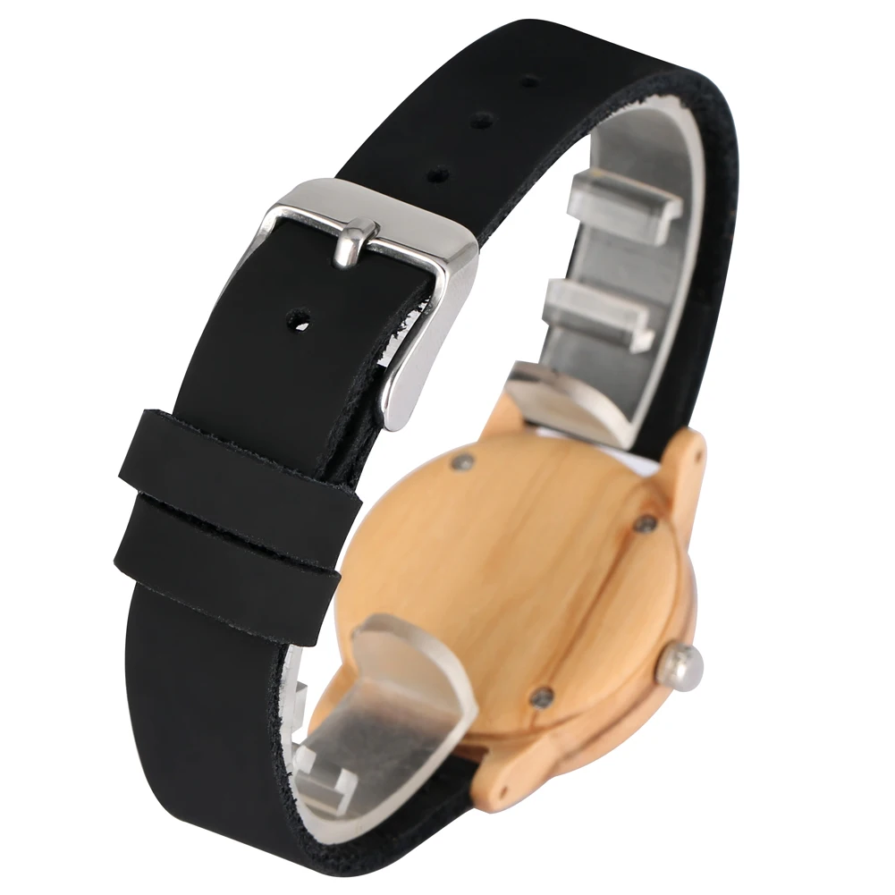 Прочный коричневый чехол деревянные часы для женщин практичный черный кожаный