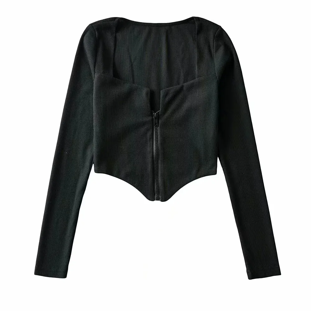 

TVVOVVIN 2021 Spring New Black Skinny T-shirt Female Square Neck Long Sleeve Irregular Casual Short Tops 6X0L