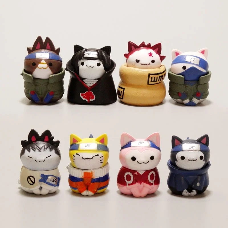 

8pcs/Set Kawaii Naruto Cat Statue Anime Action Figures Kakashi Gaara Sasuke Itachi PVC Model Collection Kid Gift Toys Antistress