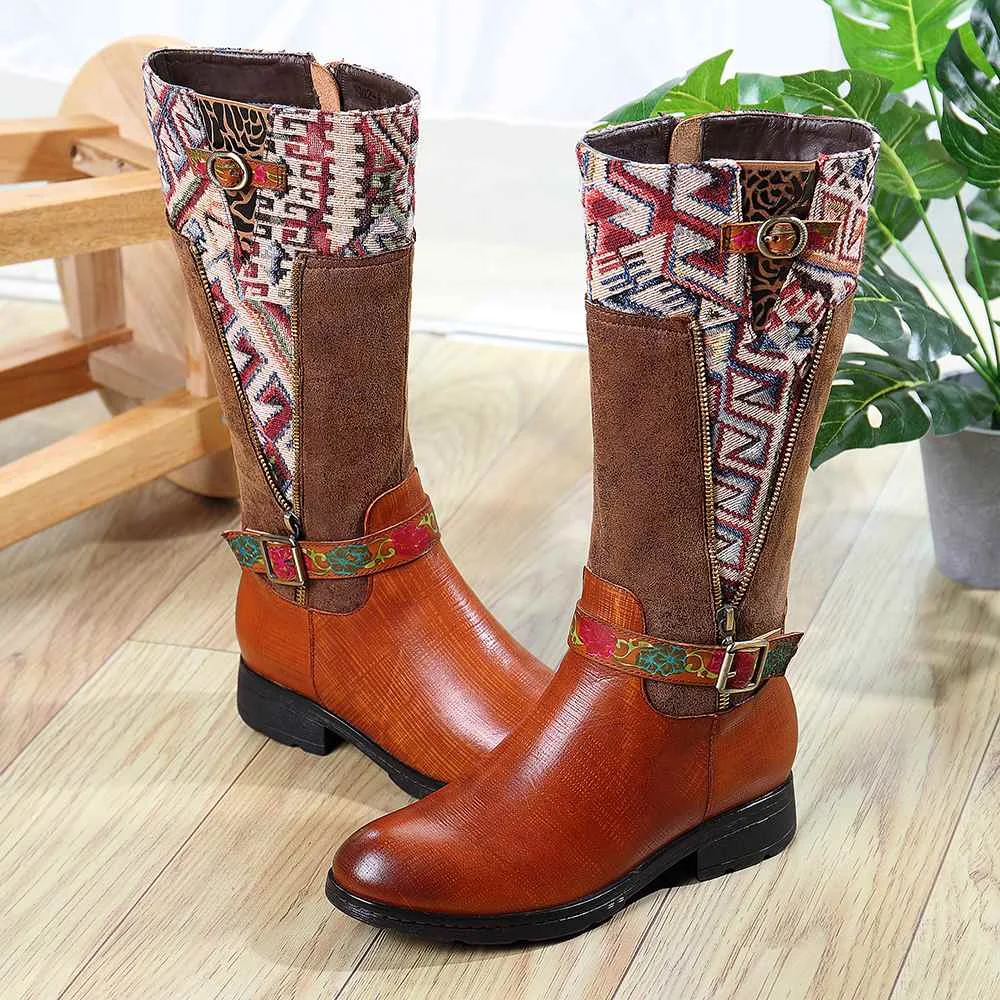 SOCOFY Botas mujer; ботинки из натуральной кожи с квадратным узором; ботинки до середины икры на мягкой плоской подошве; обувь на каблуке; женская зимняя обувь