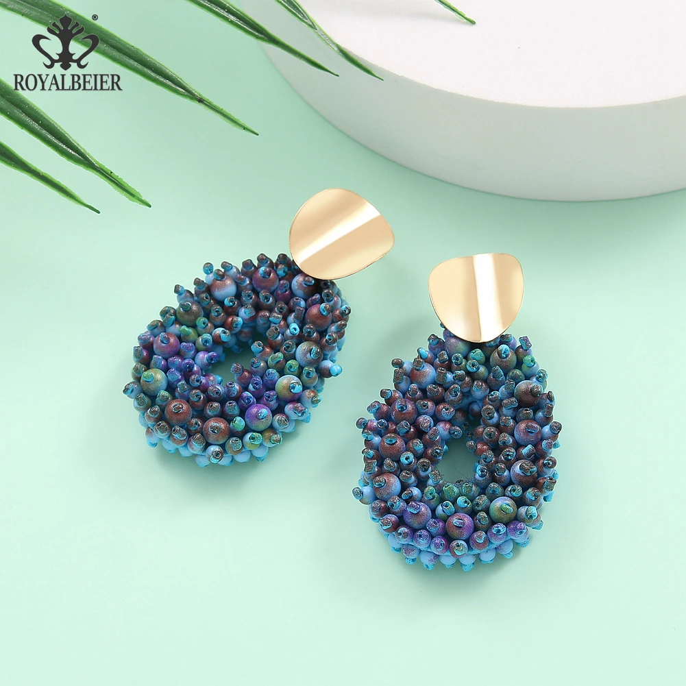 

Royalbeier 2021 Retro Purple Color Simple Pendant Earrings For Women Vintage Hanging Round Handmade Bead Earring Big Ear Jewelry